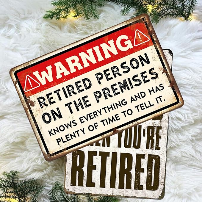 Retirement Signs - Funny Retirement Gifts for Men Vintage Warning Retired Person On Premises Metal Tin Sign for Happy Retirement Party Door Decor Retired Yard Gifts for Women 8x12 Inch-Ruum Studio Home
