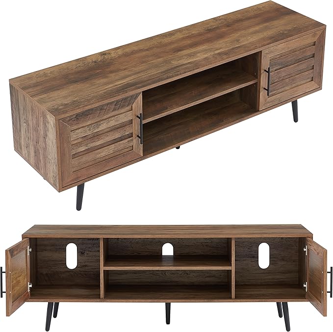 Mid Century Wooden TV Stand Entertainment Console with Open Shelving and 2 Cabinets for Televisions up to 65 Inches(Rustic Oak)-Ruum Studio Home