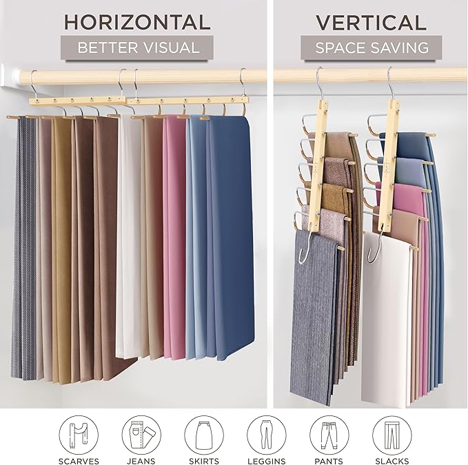 MORALVE Pants Hangers Space Saving - European Beechwood Scarf and Jean Hangers - Closet Organizer and Space Saver Pant Rack, Leggings Hanger, and Scarf Holder with 360° Swivel Hook (1 Pack)-Ruum Studio Home