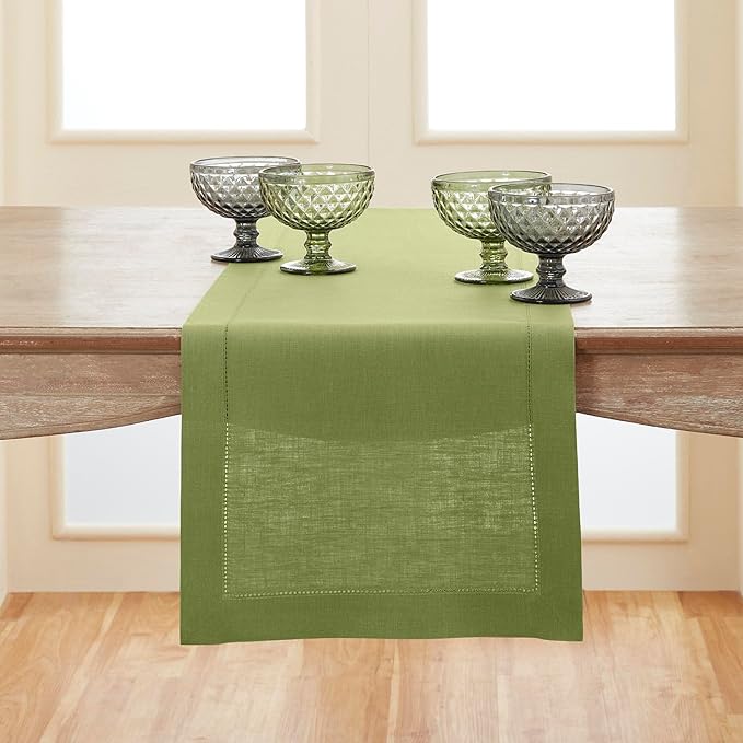 Solino Home Linen Table Runner 108 Inches Long - 100% Pure Linen Moss Green Table Runner 14 x 108 Inch for Fall, Autumn, Thanksgiving - Classic Hemstitch-Ruum Studio Home
