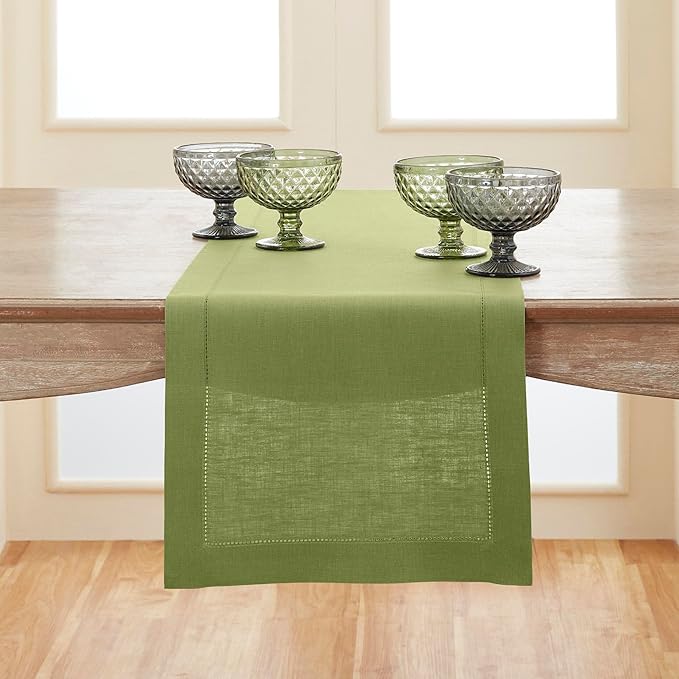 Solino Home Linen Moss Green Table Runner 120 Inches Long - 100% Pure Linen Hemstitch 14 x 120 Inch Table Runner for Dining, Fall, Autumn, Thanksgiving - Classic Hemstitch-Ruum Studio Home