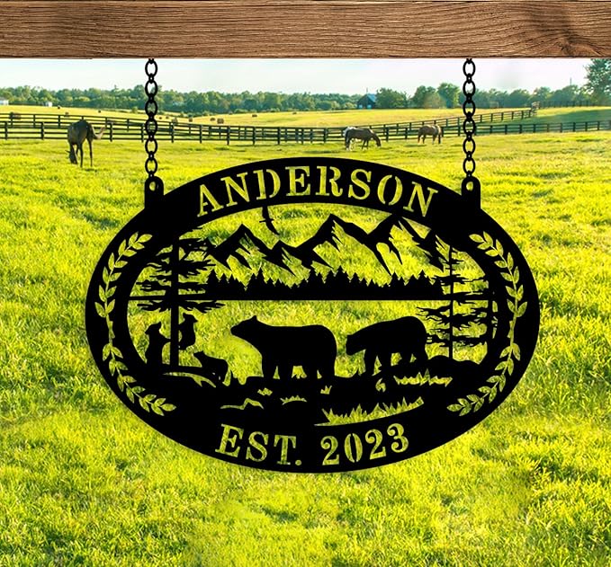 Custom Farmhouse Farm Sign, Custom Bear Monogram Name Sign, Ranch Sign, Outdoor Family Name Sign, Personalized Family Name Bear Metal Wall Sign, Personalized Rustic Name Sign-Ruum Studio Home