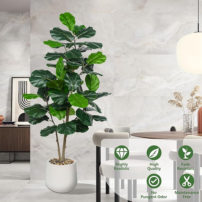 Artificial Fiddle Leaf Fig Tree 5FT, Large Realistic Faux Ficus Lyrata Plant with Pot Large Faux Plant for Indoor Outdoor Home, Office, Living Room, Bathroom Decor-Ruum Studio Home