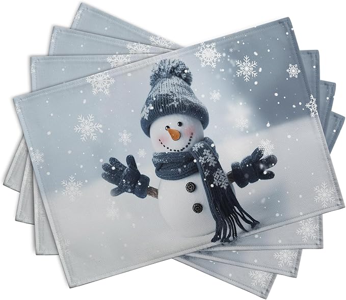 Snowman Placemats Set of 4, 12x18 Inch Winter Cute Blue Snowman Snowflake Table Mats Seasonal Christmas Holiday Washable Linen Fabric Place Mats for Farmhouse Party Kitchen Dining Decor-Ruum Studio Home