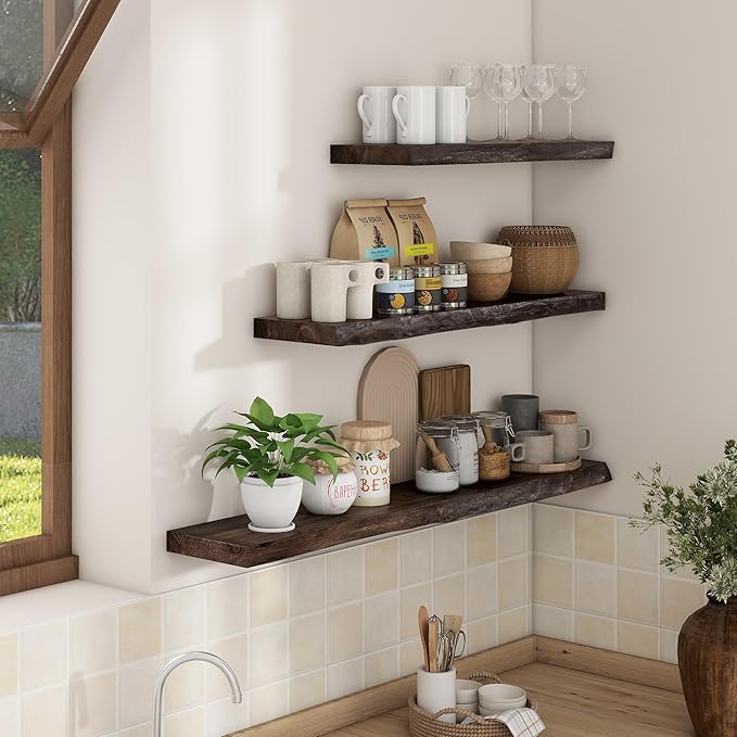 Axeman 36 inch Floating Shelves for Wall - 8'' D Live Edge Rustic Solid Elm Wood Floating Shelves Wall Mounted, Wall Shelves with Invisible Bracket for Living Room Bedroom Kitchen, Set of 2 Walnut-Ruum Studio Home