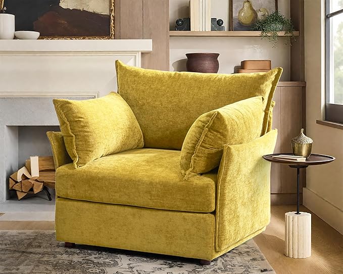 Oversized Accent Chair, 24.5" Deep Seat Large Reading Armchair with Removable Backrest & Detachable Cover,Chenille Yellow for Living Room/Bedroom/Office-Ruum Studio Home