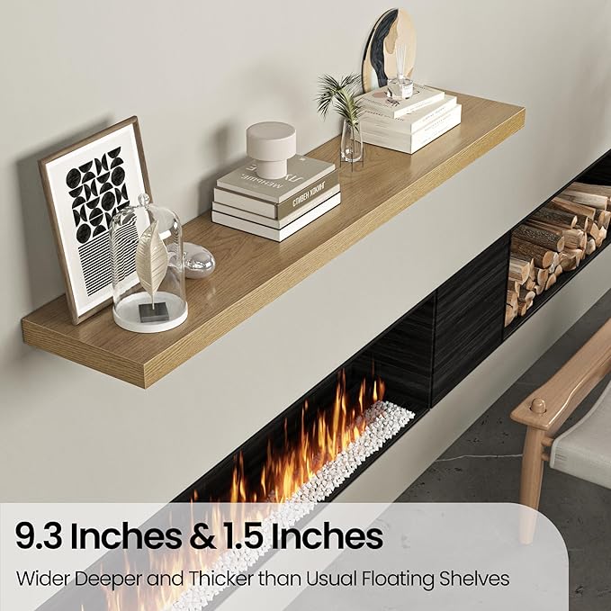 Floating Shelves for Wall, 48" W x 9.3" D x 1.5" H, Wooden Wall Mounted Display Shelves with Invisible Brackets for Living Room, Bedroom, Bathroom, Kitchen Decor and Storage, Set of 1, Oak-Ruum Studio Home
