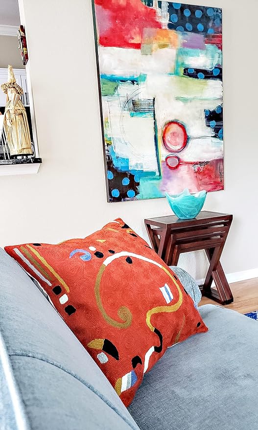 Kandinsky Modern Pillow Cover - Orange Ribbon | Mid Century Chair Cushions | Orange Abstract Pillows | Contemporary Pillowcase | Modern Couch Pillows | Hand Embroidered Cushion | Wool Size 18x18-Ruum Studio Home