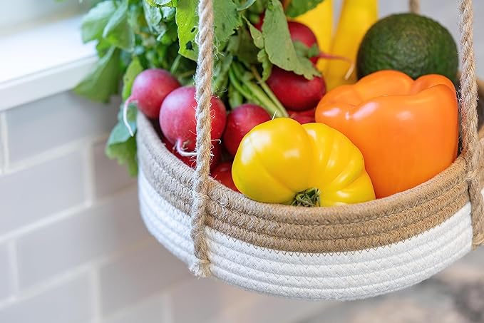 CEDAR+PINE 3-Tier Lined Hanging Fruit Basket Natural Woven Cotton with Strong Jute Rope Hanger in Gift Box Modern Hanging Basket for Kitchen-Ruum Studio Home
