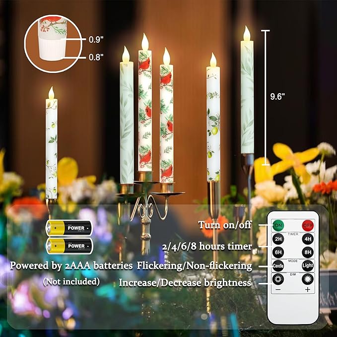 Cardinal Bird Flameless Taper Candles with Remote - Red Bird Theme LED Taper Candles for Home Xmas Holiday Party Christmas Decoration - 2PCS 9.5INCH-Ruum Studio Home