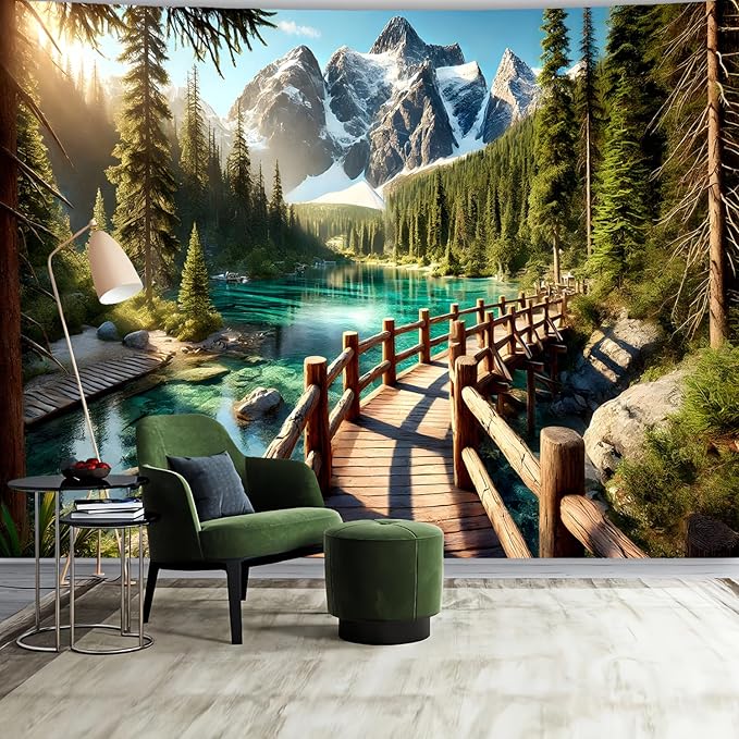 BSFHH Nature Tapestry Forest Tree Sea Cave Wall Hanging, Stream Through Rainforest Landscape Wall Art Tapestry for Bedroom Living room (Snow Scene, 110" × 87", Unframed)-Ruum Studio Home