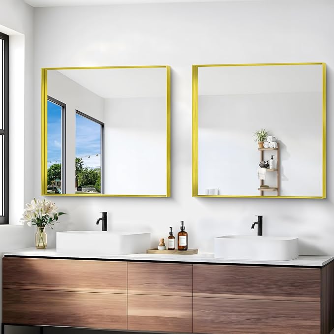 Gold Bathroom Mirror, 30x30 Inch Rectangular Framed Mirror, Large Wall Mounted Bathroom Vanity Mirror Over Sink for Bedroom,Restroom, Living Room, Hangs Vertically or Horizontally-Ruum Studio Home