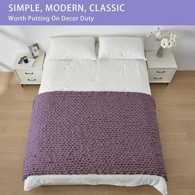 Bigacogo Chunky Knit Throw Blanket for Couch, 40x80 inches, 100% Hand Knitted with Thick Jumbo Chenille Yarn, Cozy Soft Large Rope Knot Cable Crochet Blankets for Sofa Bed Living Room, Winter Grape-Ruum Studio Home