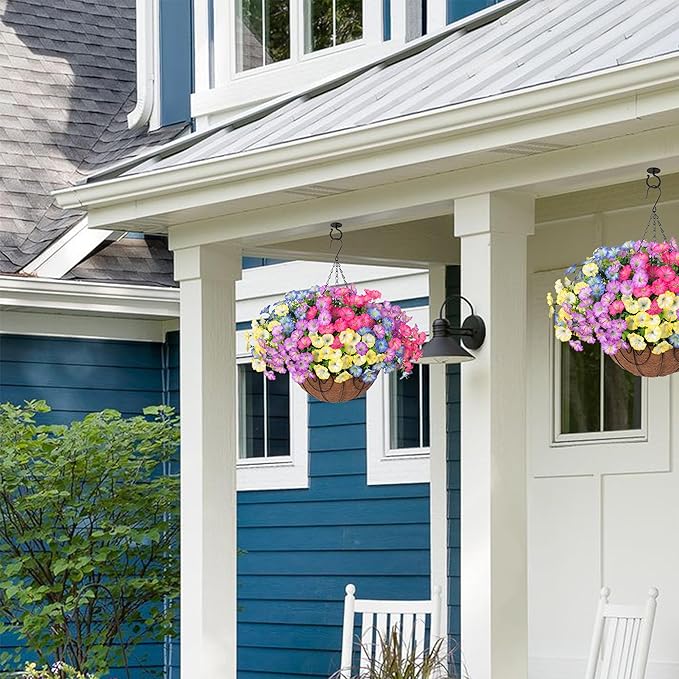 Artificial Faux Hanging Plants Flowers Basket for Outdoors Spring Summer Decoration, Silk Morning Glory Eucalyptus Look Real UV Resistant Fake Flowers for Porch Outside Patio Balcony Yard Home Garden-Ruum Studio Home