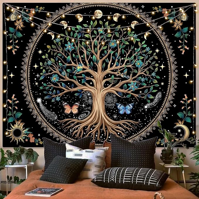 Lunerfex Tree of Life Tapastry Sun and Moon Tapastry Flower Boho Tree Mandala Wall Hanging for Bedroom and Living Room Decor Green Tree 70×90 Inches-Ruum Studio Home