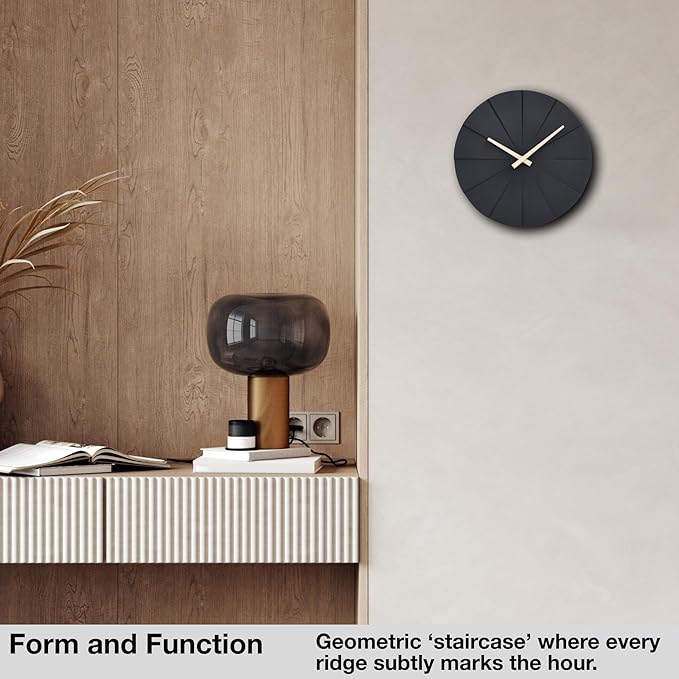 Driini Staircase Modern Wall Clock - Unique 10.5 in. Frameless Concrete Design - Contemporary, Minimalist Decor; No Numbers - Silent Battery Operated Clocks with Decorative Wooden Hands; Black-Ruum Studio Home