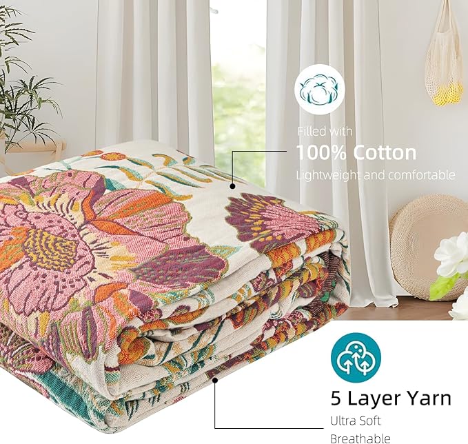 Boho Throw Blanket for Bed - 100% Pure Cotton Ultra Soft Rustic Quilt - Farmhouse Decor Bed Blankets, All Season Rustic Throw for Sofa Couch Chair(91''x 98'', Floral Blossom)-Ruum Studio Home