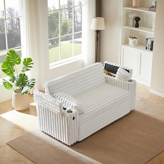 57-Inch Velvet Full Size Sleeper Sofa Couch with Pullout Bed,Convertible Pull Out with Golden Decorative Strip and Adjustable Backrest for Small Spaces,Apartment, Guest Room, RV (1109White)-Ruum Studio Home