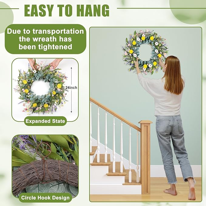 Artgar Spring Wreaths for Front Door, 24 Inch Daisy Wreath, Artificial Spring Summer Wreath with Eucalyptus Leaves Paper Flowers for Indoor Outdoor Home Door Window Wall Wedding Decor-Ruum Studio Home