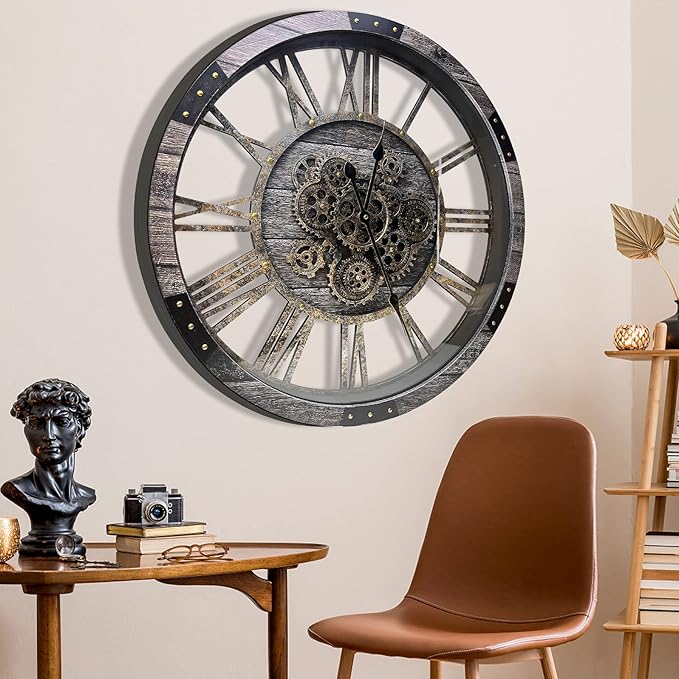 DORBOKER 27" Real Moving Gears Large Wall Clock with Toughened Glass Cover, Giant Wood Farmhouse Clock, Oversized Vintage Industrial Rustic Clock for Living Room Decor Home Kitchen (Carbon Grey)-Ruum Studio Home