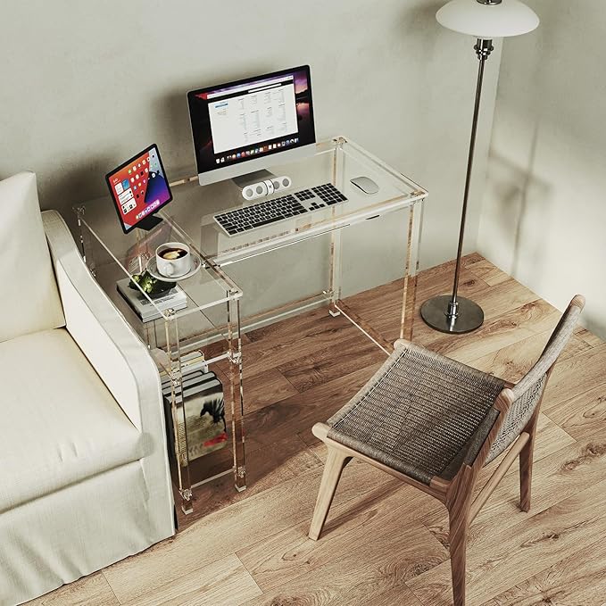 Eglaf Acrylic L-Shaped Desk - Clear Desk with Reversible Storage Shelves - Modern Home Office Desk Corner Desk for Study, Writing, Rectangular Legs, Easy Assembly, 39.4" L x 27''W x 29.5" H-Ruum Studio Home