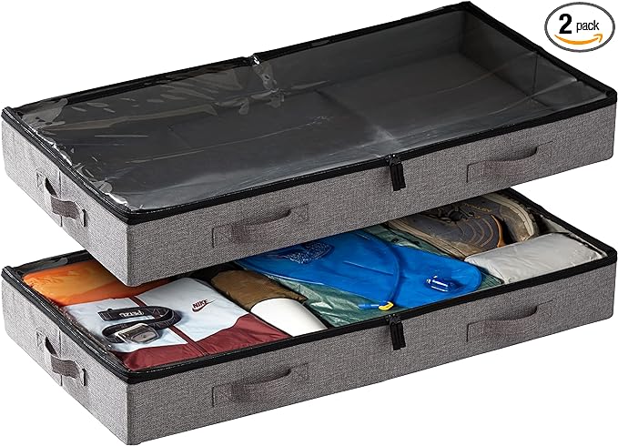 storageLAB Under Bed Storage Containers, Low Profile Underbed Organizers with Sturdy Handles, Dual Zippers, and Clear Windows, Ideal for Clothes, Pillows, and Blankets - 2 Pack, Low Profile, Gray-Ruum Studio Home