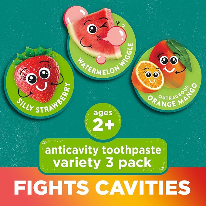 Tom's of Maine Anticavity Kids Natural Toothpaste Variety Pack, Strawberry, Orange Mango, Watermelon Flavors, Kids Toothpaste with Fluoride, Safe for Ages 2 and Up, 5.1 oz (Pack of 3)-Ruum Studio Home