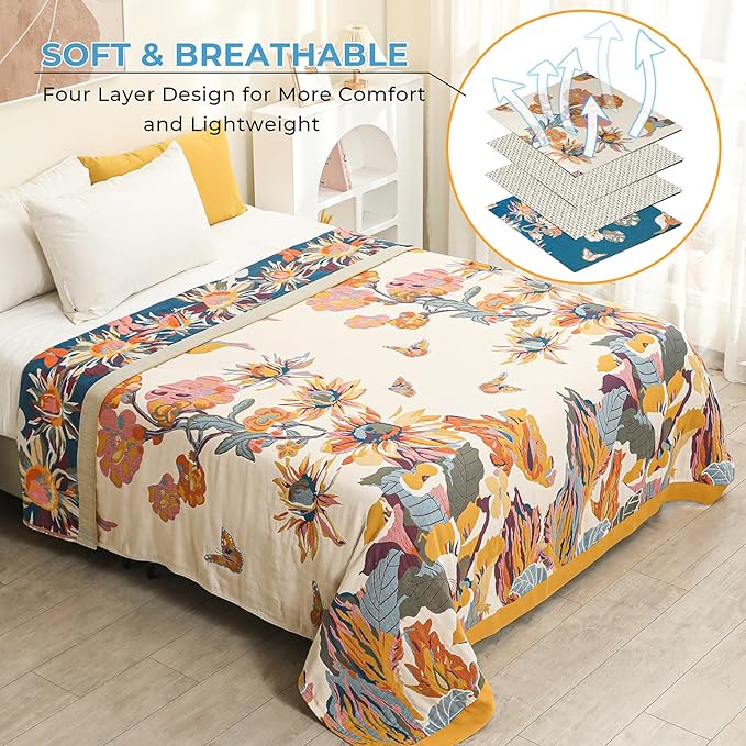 Boho Throw Blanket for Bed,100% Cotton Breathable Muslin Soft Throw, Fall Bed Throw Blanket Floral Bird Butterfly Printed Decor Large Blankets,80"×90" Rustic Farmhouse Throw for Sofa Couch Chair-Ruum Studio Home
