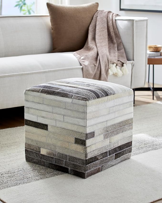 Mark&Day Pouf Ottoman, Grobrubbach Hide Leather and Fur Cream Cube Pouf Foot Rest for Living Room, Bedroom and Boho Home Decor (18"x18"x18")-Ruum Studio Home