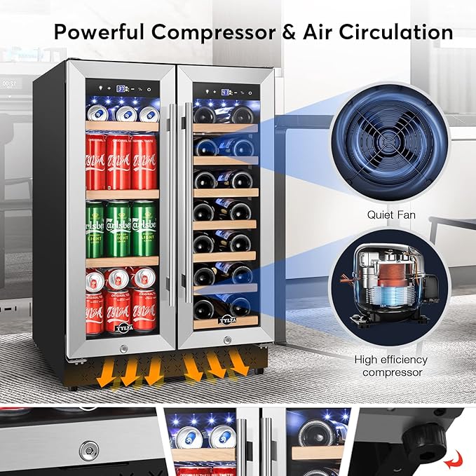 Tylza Upgraded Wine and Beverage Refrigerator 24 Inch, Dual Zone Wine Beverage Cooler with French Door, Under Counter Wine Beer Fridge Built-In or Freestanding, Holds 20 Bottles and 88 Cans TYBC120-3-Ruum Studio Home