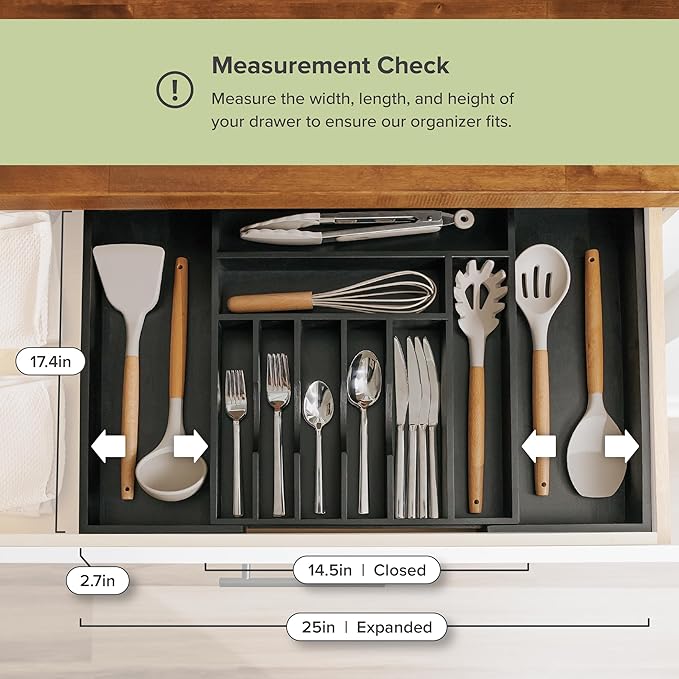 Premium Silverware, Flatware and Utensil Organizer for Kitchen Drawers, Food-Safe Contract Grade, Expandable from 14.5 to 25 In, Black Bamboo-Ruum Studio Home