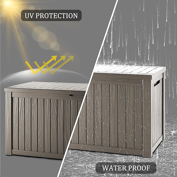 270 Gallon Lockable Resin Deck Box, Waterproof & UV-Resistant Outdoor Storage Box for Outdoor Cushion Storage, Garden Tools & Pool Accessories Storage, Gray-Ruum Studio Home
