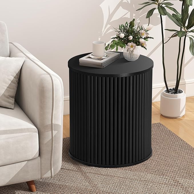 AVZEAR Fluted Round Side Table with Storage, Small Mid Century End Table Fluted Nightstands, Modern Circle Bedside Tables Wood Night Stand for Small Spaces, Living Room, Bedroom (Black)-Ruum Studio Home