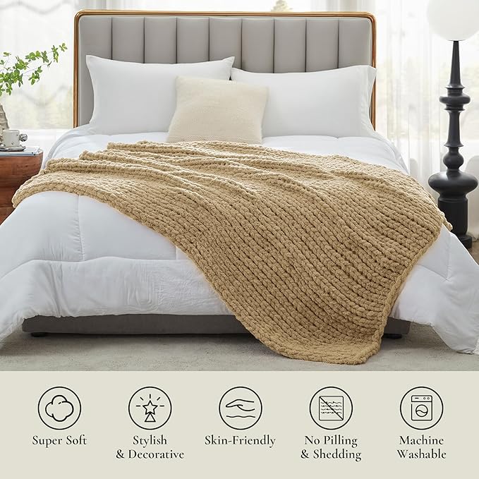 Amélie Home Chunky Knit Throw Blanket for Couch, Soft Chenille Crochet Blanket for Children, 40"x50", Beige-Ruum Studio Home