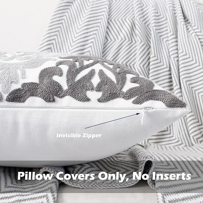 HWY 50 Grey Gray Decorative Throw Pillow Covers 18x18 Inch (1 Piece), Embroidered Cotton Farmhouse Cushion Cover Pillow Case for Sofa Couch Living Room Bed Bedroon, Floral Geometric-Ruum Studio Home