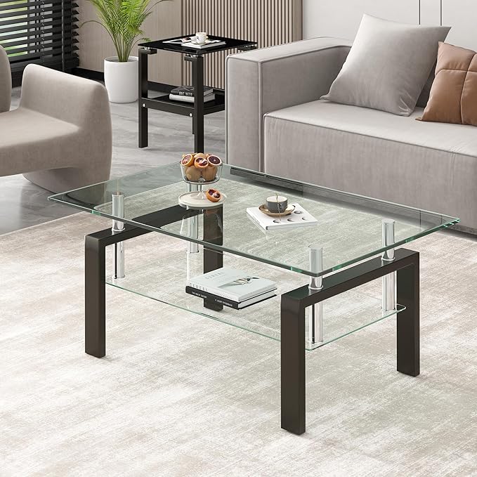 Glass Coffee Table Rectangle Living Room Center Table, with Tempered Glass Tabletop Black Metal Leg,for Living Room and Office (Dou-Clear Glass)-Ruum Studio Home