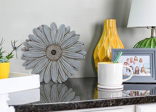NAT & Jules Gerbera Daisy Flower Shaped Dimensional Indoor Outdoor 12 inch Cast Resin Decorative Garden Stepping Stone, Patio, Walkway Sculpture Yard Art, Stone Grey-Ruum Studio Home