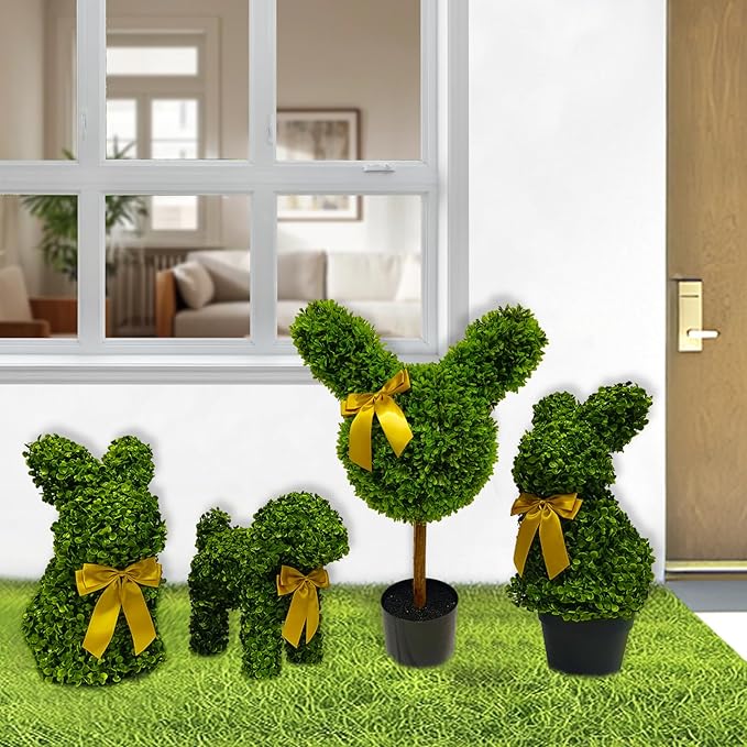2 Pcs Artificial Bunny Shaped Topiary Trees, Artificial Green Boxwood Bunny Decorations with Gold Bow, Perfect for Indoor & Outdoor Front Porch, Easter& Garden Decor (Bunny Tree with Base)-Ruum Studio Home