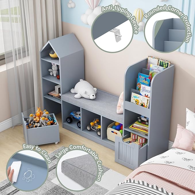 Vabches Toy Storage Organizer for Kids Bookshelf with Reading Nook, Multifunctional Bookcase with 7 Storage Cubbies, 2 Movable Drawers and Seat Cushion for Keeping Kids' Toys Books Organized, Grey-Ruum Studio Home