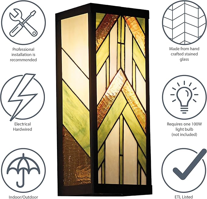 RIVER OF GOODS Art Deco Stained Glass Outdoor Light Fixture - 16.25" H - Decorative Porch Light - Green-Ruum Studio Home