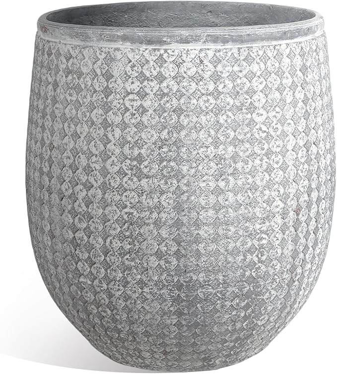 Worth Garden 12" Dia x 15" H Grey Round Planter – Lightweight Magnesium Oxide Cement Plant Pot with Texture – Raised Pattern Concrete Look – Drainage Hole – Indoor & Outdoor Use-Ruum Studio Home