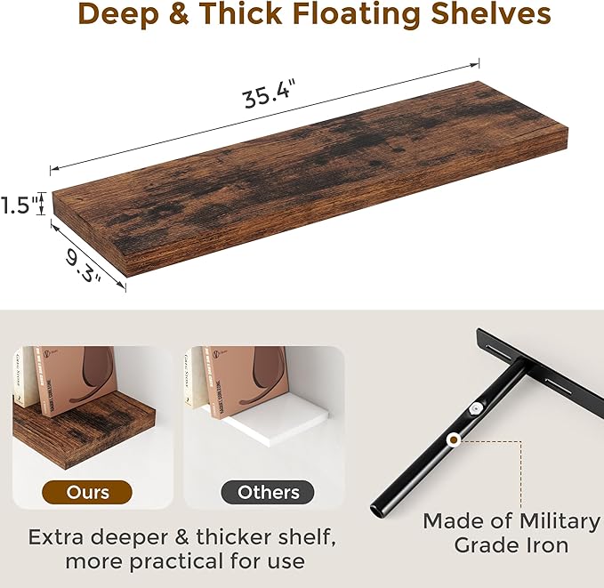 Fun Memories Rustic Wood Floating Shelves for Wall, 36 x 9 Wall Shelves Set of 2, Deep Floating Shelf for Kitchen, Living Room Storage & Display, Deep Wooden Bookshelf, Rustic Brown Color-Ruum Studio Home