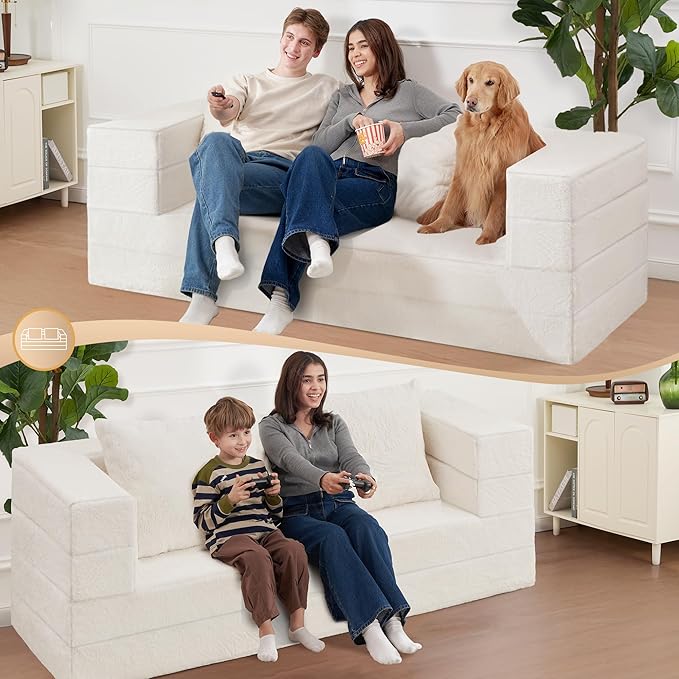Folding Bean Bag Chair for Adults,3-in-1 Bean Bag Couch Faux Fur Floor Sofa Large Beanbag Convertible Bean Bag Sofa Bed with Pillow in Bedroom,Living Room,Apartment(Queen,Milky White)-Ruum Studio Home