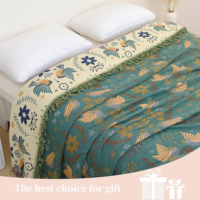 Boho Throw Blanket for Bed - 100% Pure Cotton Ultra Soft Rustic Quilt - Farmhouse Decor Bed Blankets, All Season Rustic Throw for Sofa Couch Chair(60"×80", Bird A)-Ruum Studio Home