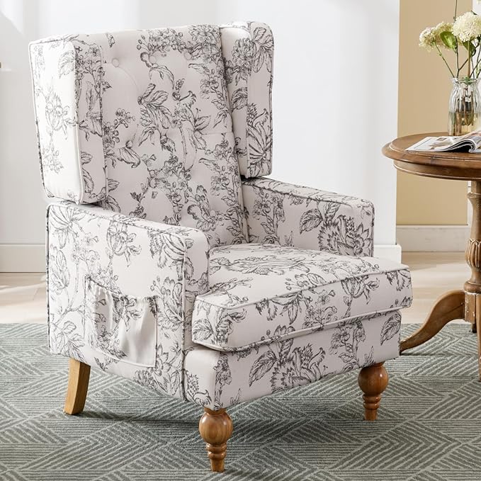 Mid-Century Accent Chair, Upholstered Arm Chair Linen Fabric Side Chair with High Back Solid Wooden Legs, Comfy Reading Chair for Living Room Bedroom, Floral Pattern-Ruum Studio Home