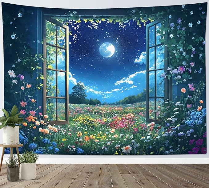LB Wildflower Moon Tapestry, Window Forest Plant Green Leaf and Garden Colorful Floral Wall Tapestry for Bedroom, Night Sky Wall Art for Living Room Dorm Home Decor Ready to Hanging, 48 x 36 Inches-Ruum Studio Home