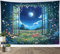 LB Wildflower Moon Tapestry, Green Plant Outside Window and Colorful Floral Wall Tapestry for Bedroom, Garden Wall Art for Living Room Dorm Home Decor Ready to Hanging, 92.5 x 70.9 Inches-Ruum Studio Home