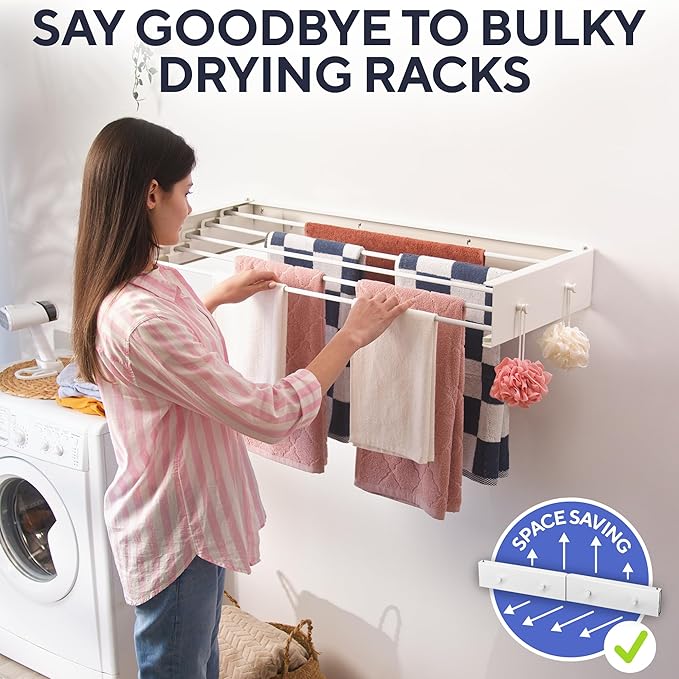 Foldable Wall Mounted Drying Rack 28 inch - Easy to Install Hanging Rack for Laundry Room - Space Saving Design with 55-lb Capacity - Perfect Drying Racks for Clothes Towels & More-Ruum Studio Home