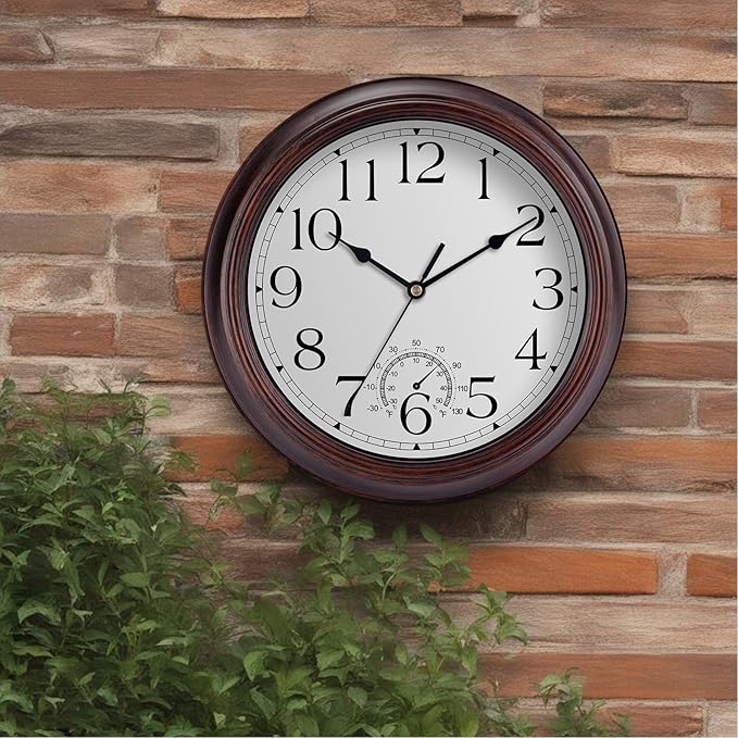 12 Inch Outdoor Wall Clock with Thermometers, Vintage Silent Wall Clocks Battery Operated, Retro Non-Ticking Clock Decorative for Living Room, Patio, Kitchen, Office, Bathroom, Bedroom(Bronze)-Ruum Studio Home