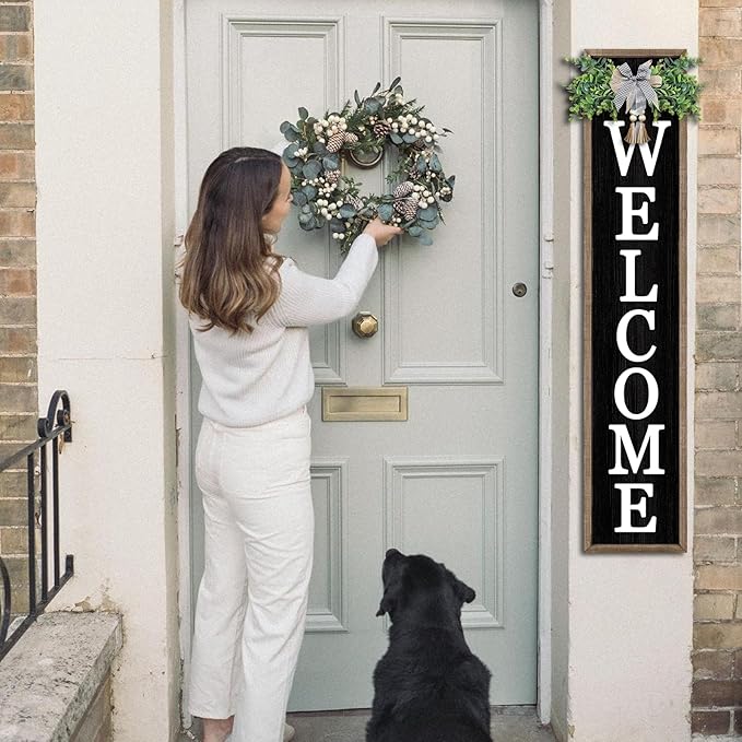 Surfapans Welcome Sign for Front porch Standing 45"X9"Large Wood Frame Outdoor Tall Welcome Signs Vertical Decor for Farmhouse Rustic Home Modern Outside Front Door Wall Decorations (Wood Black)-Ruum Studio Home